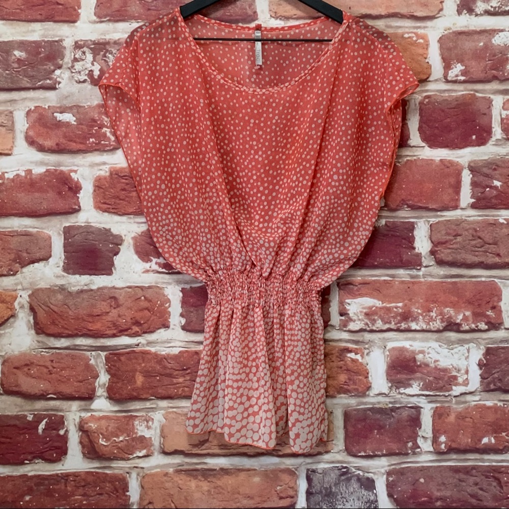 TRAC PINK & WHITE RETRO STYLE‎ POLKA DOT SMOCKED WAIST WIDE SLEEVE BLOUSE